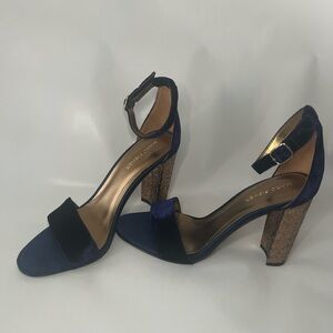 Marc Jacobs Blue Velvet Heels with Gold Block Heel